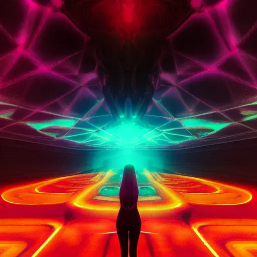 Prompt: long Shot of psychedelic Black widow standing in mysterious chromatic astral temple , stylish, lsd, soft, vsco, cinematic, artwork by WLOP