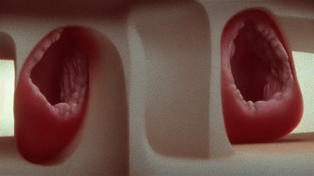 Prompt: the giant tongue waits in the refrigerator , film still from the movie directed by Wes Anderson with art direction by Zdzisław Beksiński, wide lens
