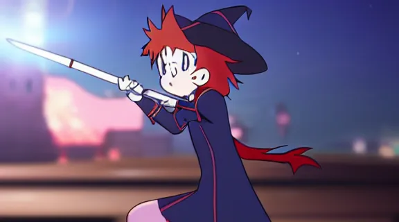 Image similar to Anime Screenshot of a LITTLE WITCH ACADEMIA unsheathing her sword at night, strong blue rimlit, visual-key, Nighttime Moonlit, anime illustration BY STUDIO TRIGGER