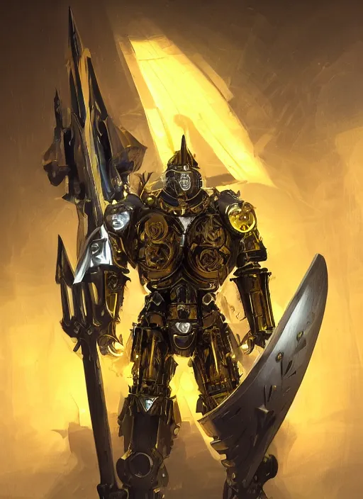 Image similar to dynamic attack position abstract portrait of a intricate glorious holy mechanical warforged character in yellow armor holding a paladin engraved great longsword drawn and carrying a big paladin shield, beam projector when eye is, face in focus, epic , trending on ArtStation, masterpiece, cinematic lighting, by Ross Tran and by Greg Rutkowski