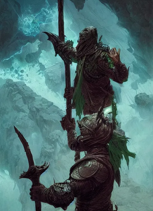 Image similar to a man with a missing an arm wearing a leather cloak while he is holding a spear made entirely of green fire, fearsome, beautiful, DnD character art portrait, mythical creature, male, plate armor, matte fantasy painting, DeviantArt Artstation, by Beeple Gustave Dore Jason Felix by Steve Argyle by Tyler Jacobson by Peter Mohrbacher, cinematic lighting, dramatic lighting, cinematic, establishing shot, extremely high detail, photo realistic, cinematic lighting, post processed, concept art, artstation, matte painting, style by eddie mendoza, raphael lacoste, alex ross,