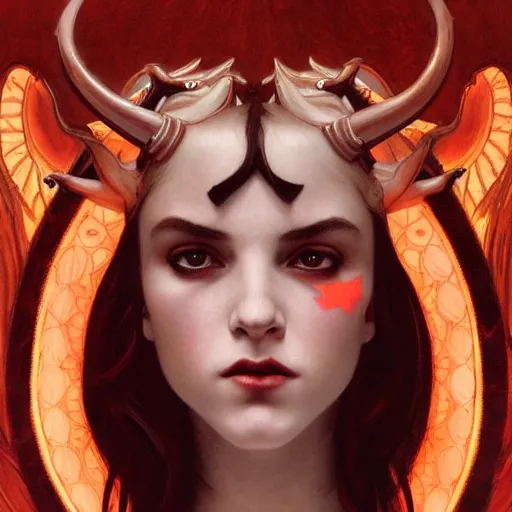 Image similar to Portrait of beautiful pale demon girl with horns, red lighting, intricate, elegant, highly detailed, digital painting, artstation, smooth, sharp focus, illustration, art by artgerm and greg rutkowski and alphonse mucha and Wayne Barlowe and william-adolphe bouguereau