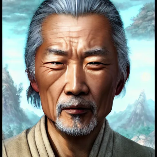 Image similar to portrait painting of a 6 0 year old kind handsome taoist priest, like runfa zhou, silver ponytail hair, amiable by wenjun lin, irakli nadar, bright colors, octopath traveler, wenjun lin, unreal engine 5 highly rendered, global illumination, radiant light, detailed and intricate environment