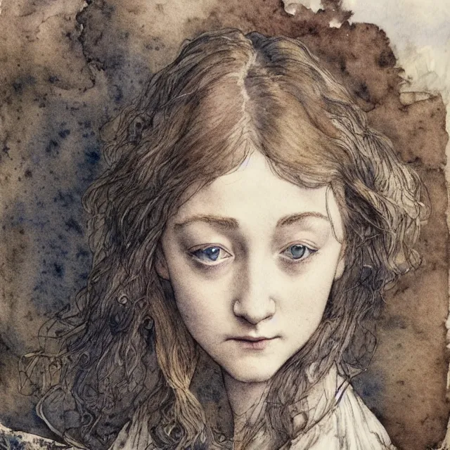 Prompt: a detailed, intricate watercolor and ink portrait illustration with fine lines of young 1 4 year old saoirse ronan looking over her shoulder, by arthur rackham and edmund dulac and lisbeth zwerger