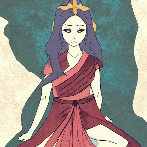 Prompt: ! dream a warrior princess sitting in her court, in the style of the last airbender