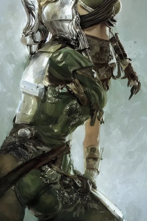 Prompt: a professional portrait of a young female warrior, clothed in military-style battle armor, olive skin, long dark hair, beautiful bone structure, symmetrical facial features, green eyes, intricate, elegant and graceful, digital painting, concept art, smooth, sharp focus, illustration, finely detailed, from Metal Gear by Ruan Jia and Mandy Jurgens and Artgerm and William-Adolphe Bouguerea, award winning art, trending on Artstation
