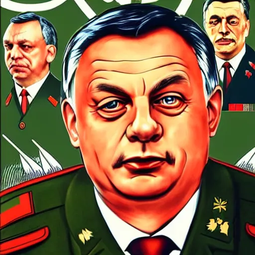 Image similar to portrait of hungarian prime minister viktor orban in uniform, hungary president election, soviet propaganda poster, hungarian flag in the background, colored, artgerm, highly detailed