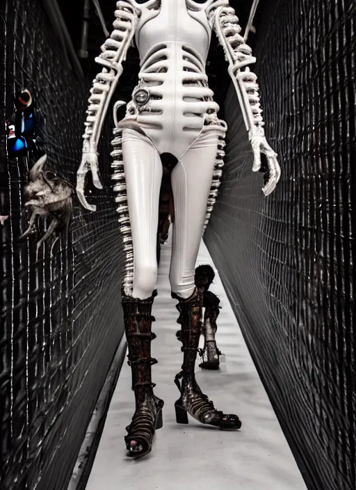 Prompt: walking down the catwalk, steven klein, show, stage, vogue photo, podium, h. r. giger organic steampunk fashion show photo,, beautiful woman, full body shot, masterpiece, inflatable shapes, white biomechanical details, highly detailed