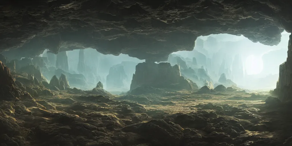 Prompt: discovery of a highly advanced civilization in a mechanical robot cave with minimal lighting in the style of thomas cole, cinematic lighting, raytracing, 8 k, octane render, volumetric, vivid, beautiful, hyperrealism