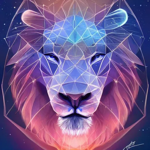 Prompt: geometric symmetrical lion with galaxy eyes in space, nebula in the background, intricate, elegant, highly detailed, digital painting, artstation, concept art, smooth, sharp focus, illustration, art by artgerm