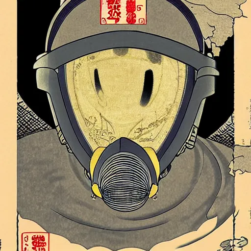 Prompt: Gas mask in Ukiyo-e style, haunting + insanely detailed and intricate, movie poster style,