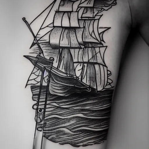 Prompt: a pirate ship sailing in the sea, realism tattoo design, amazing shades, clean white paper background, in the style of david vega