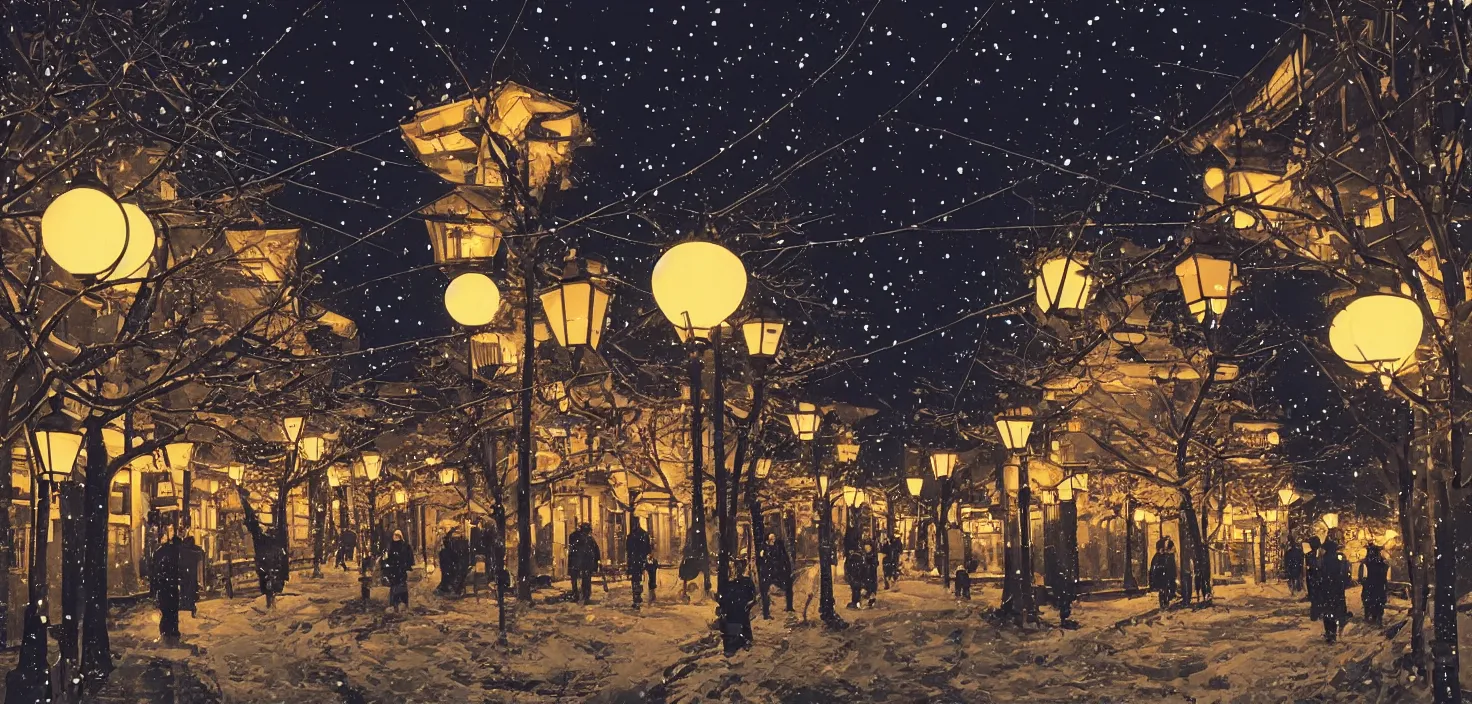 Prompt: beautiful illustration of kyoto streets at night, winter, illuminated by globe street lamps