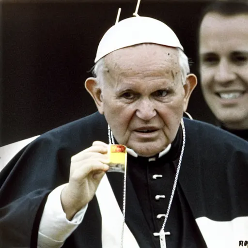 Prompt: pope john paul ii drinking a red bull