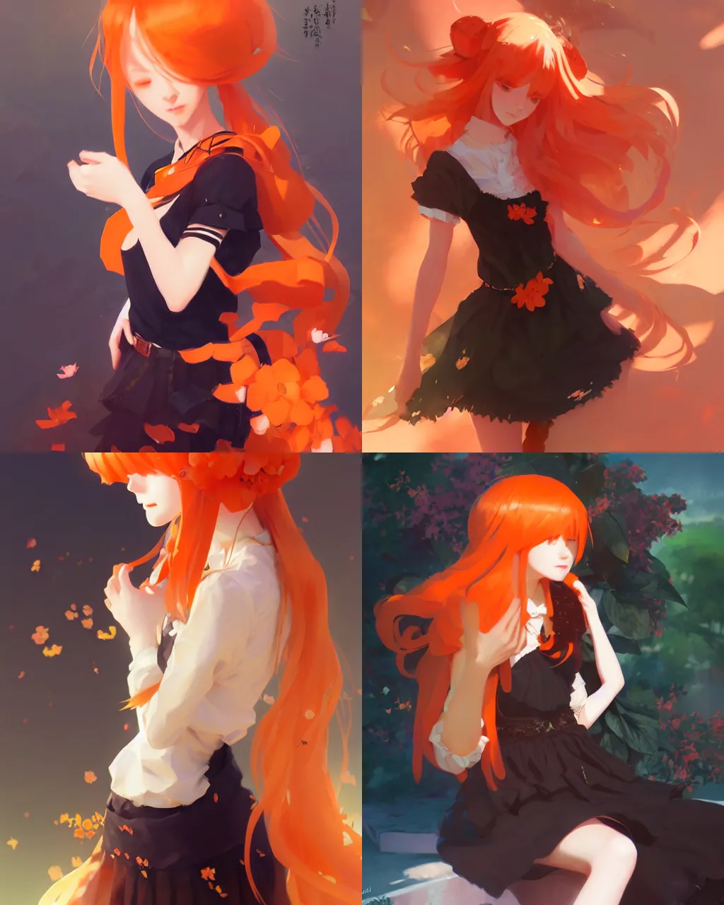 Prompt: a girl with orange hair and black skirt, flower decoration on the background, a beautiful half body illustration, top lighting, perfect shadow, soft painting, art by hidari and krenz cushart and wenjun lin