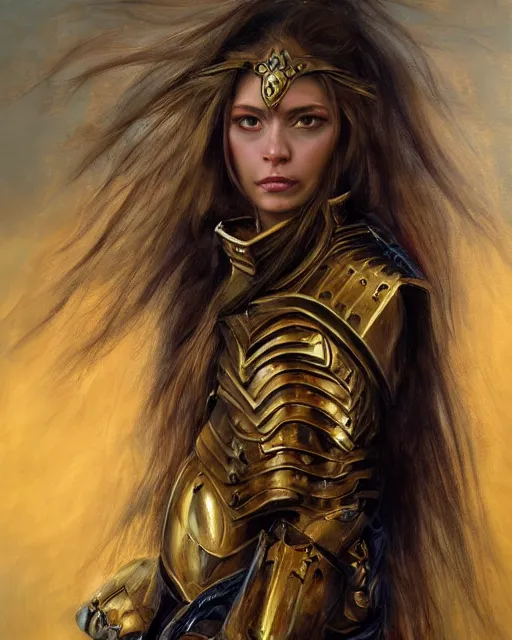 Prompt: beautiful female warrior, half body portrait, long flowing hair, heavy gold armour, realistic oil painting by boris valejo