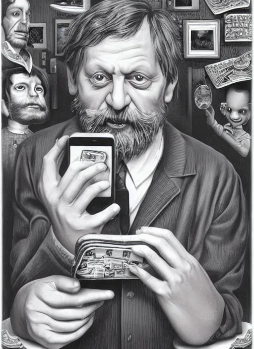 Image similar to Slavoj Zizek eating a smartphone Mark Ryden and Alex Gross, Todd Schorr highly detailed