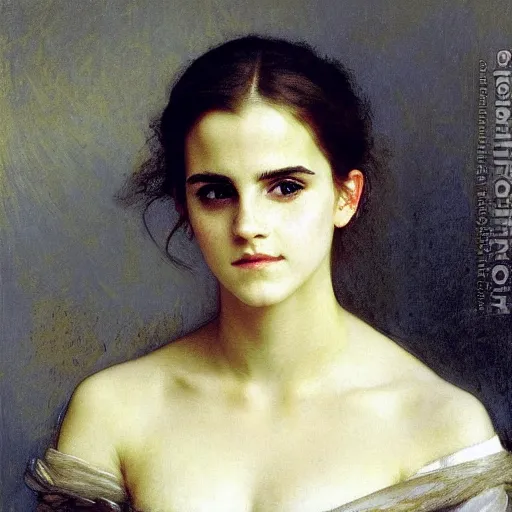 Prompt: Portrait of Emma Watson, by William Adolphe Bouguereau, John Singer Sargent, Vermeer, serene