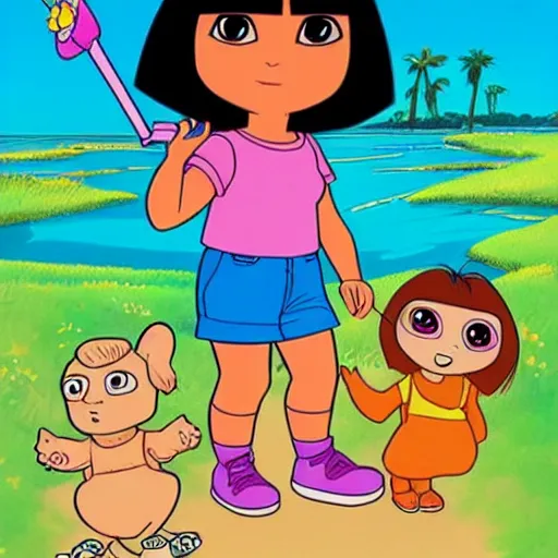 Image similar to dora the explorer as real girl, in lowbrow style