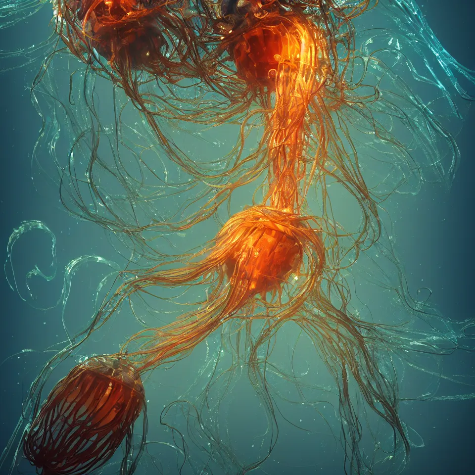 Prompt: a beautiful exquisite hyper detailed rendering of a bioluminescent jellyfish with flowing tendrils by kelogs loops and lumi and chihuily, vivid deep colors, scifi, realistic, octane render, vray render,