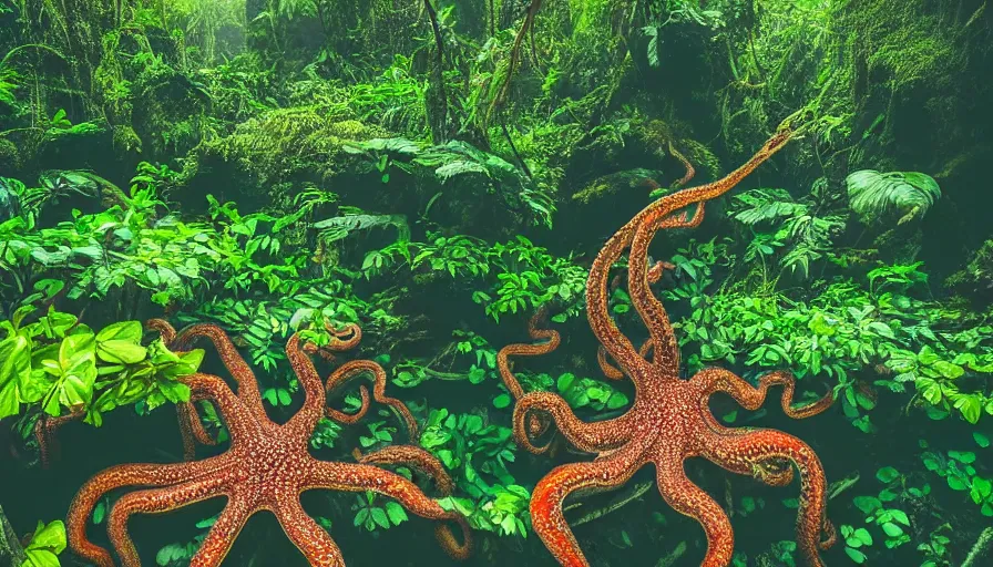 Image similar to a rainy foggy jungle, river with low hanging plants, there is a giant coral colored octopus in the water, great photography, ambient light