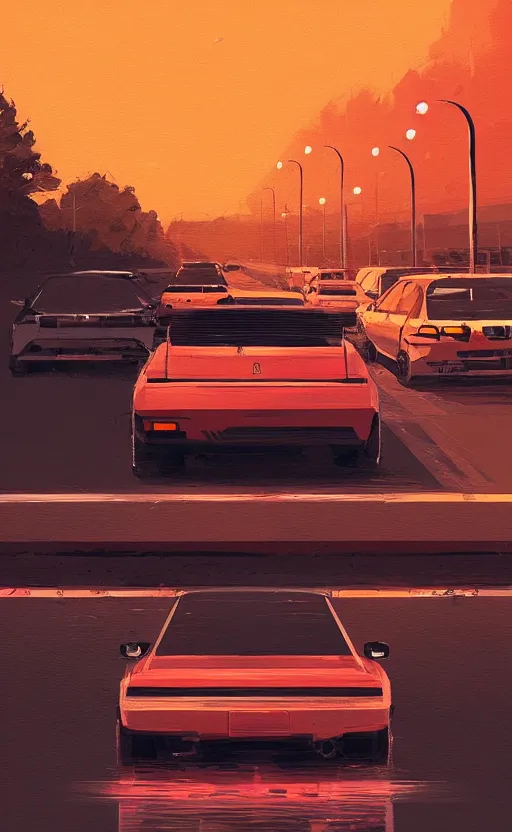 Prompt: a beautiful illustration of a car parket near a highway at sunset, art of alena aenami, featured on artstation, vertical orientation, paint brush strokes, expressionism, brushstroke - laden