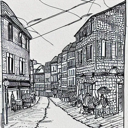 Image similar to detailed illustration of a french town, 0.2 black micron pen