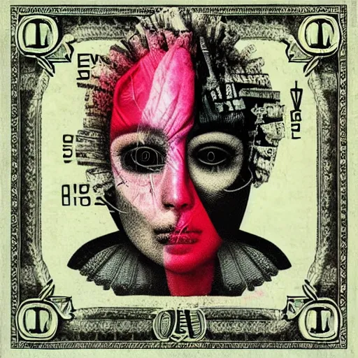 Image similar to abstract post - punk new age album cover, asymmetrical design, dollar bank notes, capitalism, magic, apocalypse, psychedelic, black white pink, highly detailed, magic, giger h. r., abstract giuseppe arcimboldo