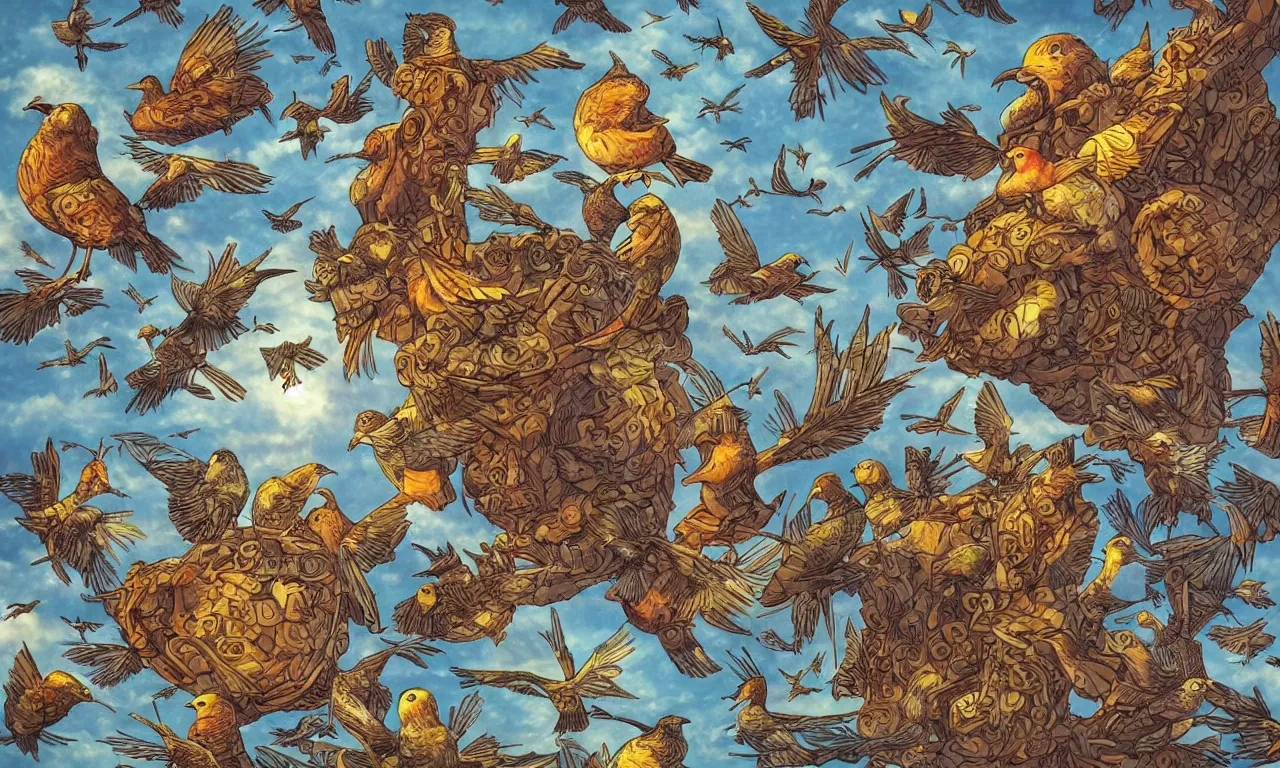 Image similar to discworld theme, flocking birds, 3 d art, digital illustration, perfect lighting