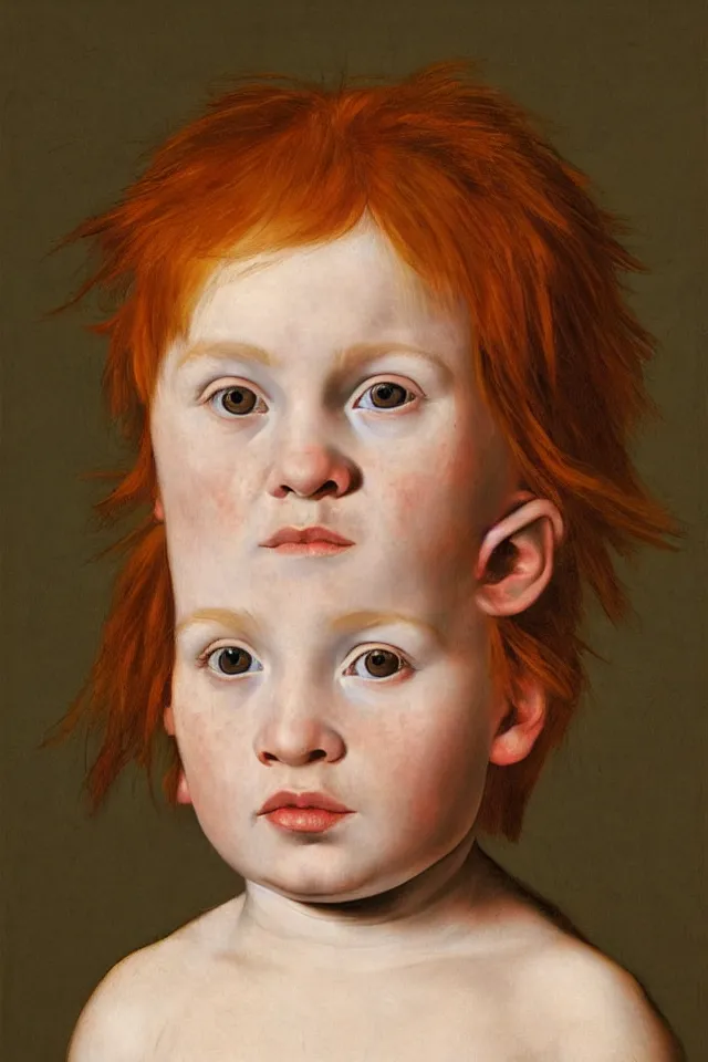 Image similar to hyper realistic portrait of a child from the 16th century with red hair and freckles, Art by Caravaggio