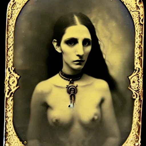 Image similar to beautiful woman with tentacles for hair wearing occult jewelry. daugerreotype of cthulhu high priestess. ambrotype of occult priestess. tintype of a beautiful woman. priestess of dagon. cursed priestess. daugerreotype. baroque frame. cursed priestess of dagon. woman with tentacles. daguerreotype