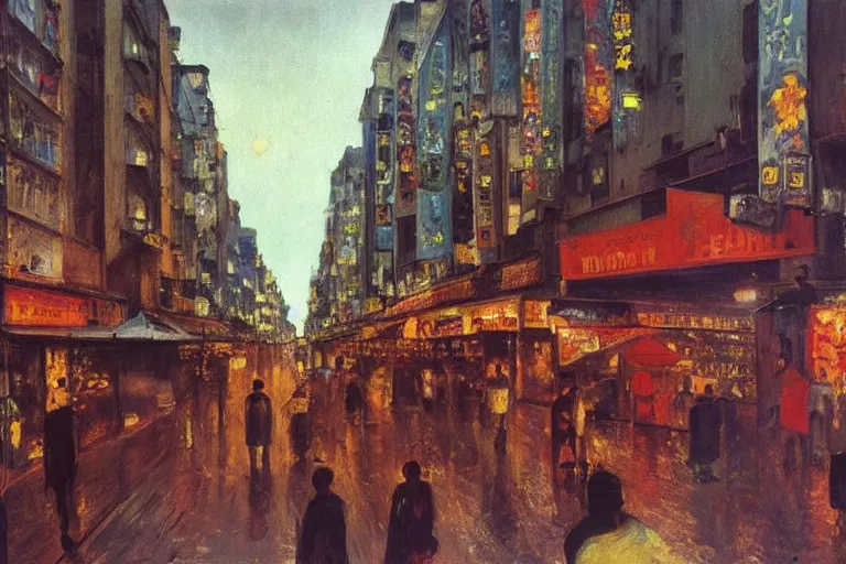 Image similar to dream festival in a city, low angle view from a city street lined with shops and apartments, glowing street signs, revelers playing games and shopping at a night market, oil painting by edvard munch, beksinski, city like hong kong, tokyo, barcelona