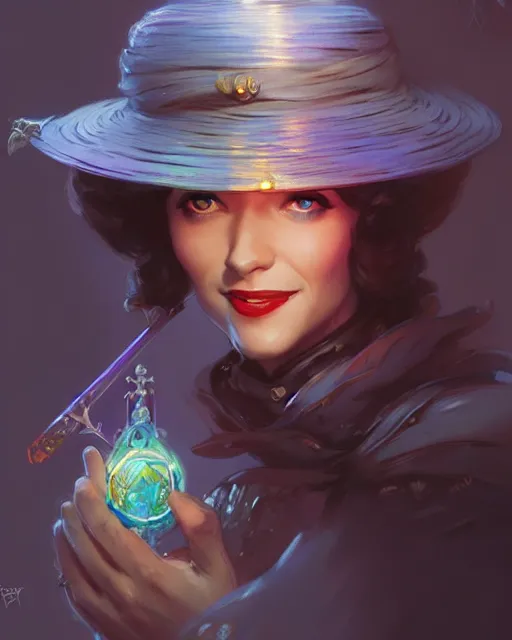 Image similar to Marry Poppins smiling and looking to the side, D&D, fantasy, intricate, elegant, highly detailed, digital painting, artstation, concept art, matte, sharp focus, illustration, hearthstone, art by Artgerm and Greg Rutkowski and Alphonse Mucha