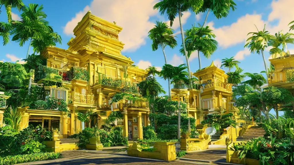 Image similar to golden mansion in a vaporwave jungle, 4k, ultra realistic, award winning photograph