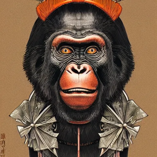 Image similar to An bipedal chimp dressed like a samurai, wielding a sword, intricate, elegant, highly detailed, smooth, sharp focus, detailed face, colourful, high contrast, graphic novel, art by Michael Choi,