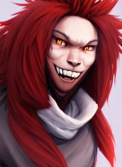 Image similar to character concept art of a black anthropomorphic furry male wolf long red hair | | cute - fine - face, pretty face, key visual, realistic shaded perfect face, fine details by stanley artgerm lau, wlop, rossdraws, james jean, andrei riabovitchev, marc simonetti, and sakimichan, trending on artstation