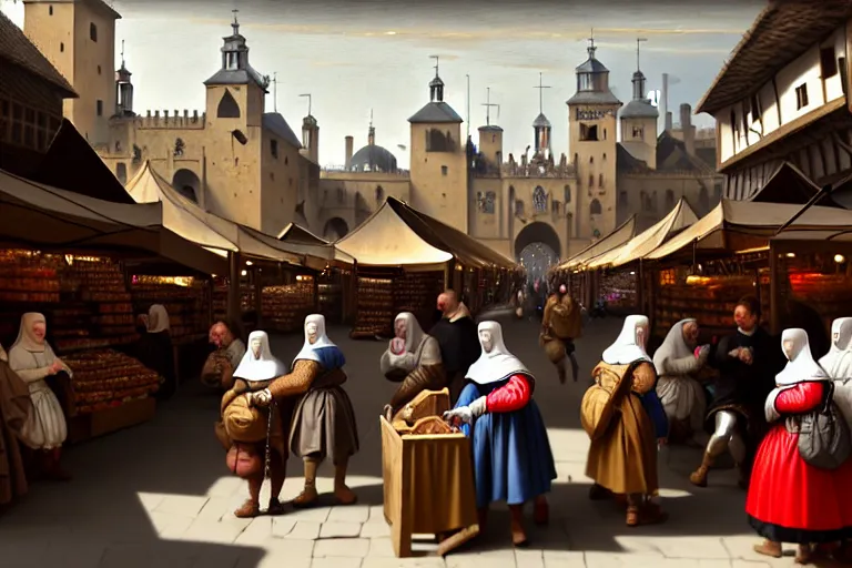 Image similar to A medieval market, between the products being sold are mobile phones, ear phones, laptops, and other devices!! Some people walking around, big depth of field, matte painting, trending on artstation, hyper detailed, sharp, baroque painting, painted by Velazquez