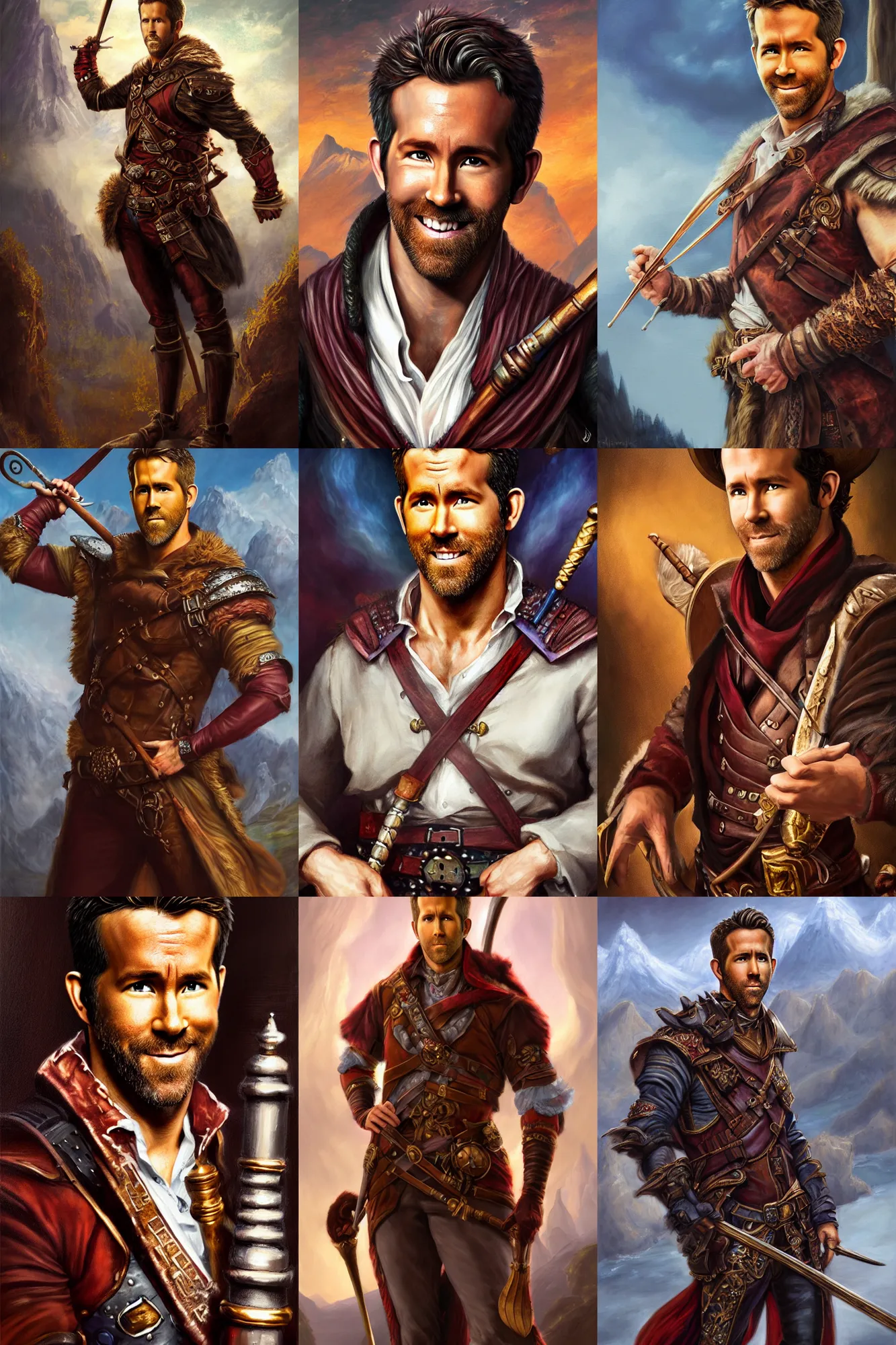 Prompt: a full body high detail fantasy portrait oil painting illustration of ryan reynolds as dashing male bard by justin sweet with face and body clearly visible, in a scenic background, striking eyes, realistic proportions, dungeons and dragons, rpg, forgotten realms, artstation trending, high quality, sombre mood, artstation trending, muted colours, entire person visible!