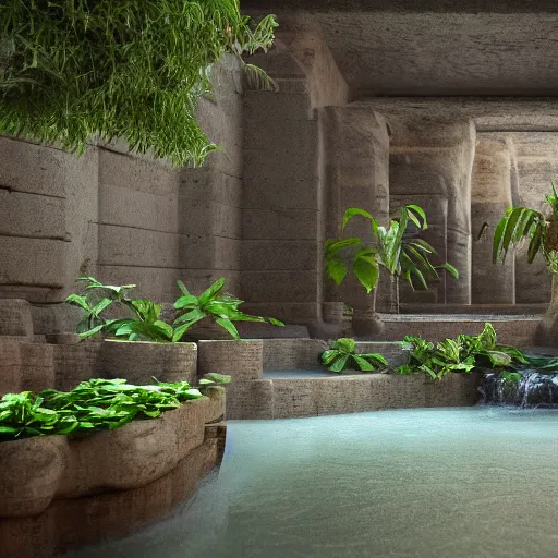 Prompt: ancient egyptian palace with plants and waterfalls, 3 d render, octane