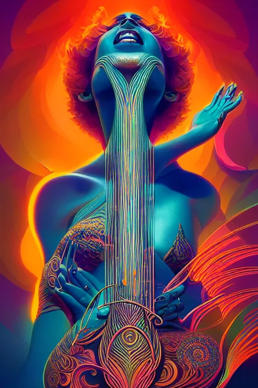 Image similar to Energetic jazz sitar portrait, Art Deco surf, fantasy, intricate art deco wave designs, elegant, highly detailed fractals, sharp focus, art by Artgerm and beeple and Greg Rutkowski and WLOP