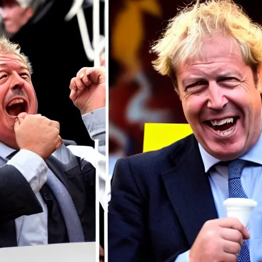 Prompt: jeremy clarkson shouting angry, nigel farage shouting angry, boris johnson shouting angry all fighting over hot dogs