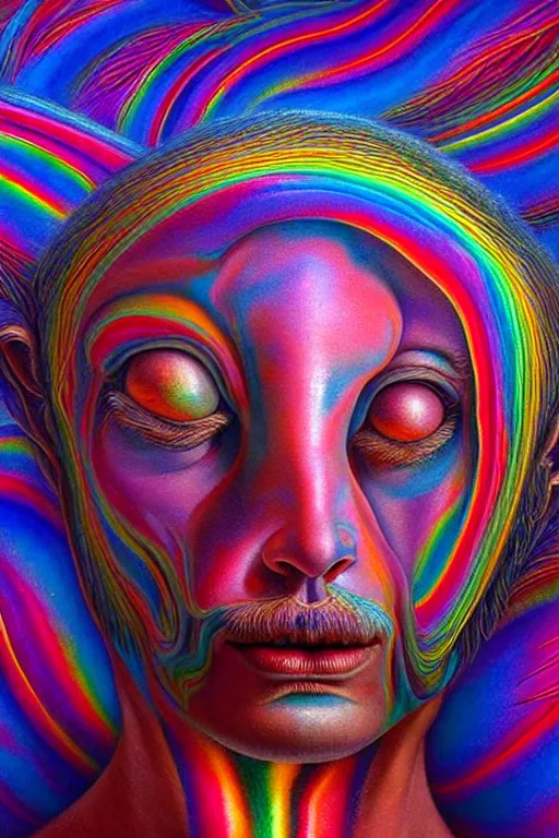 Image similar to hyperrealistic close-up Renaissance psychedelic!! celestial happy pure kind! creature!!! peaceful! kind spirit of nature highly detailed concept art eric zener elson peter cinematic hard rainbow lighting high angle hd 8k sharp shallow depth of field, inspired by Zdzisław Beksiński Salvador Dali