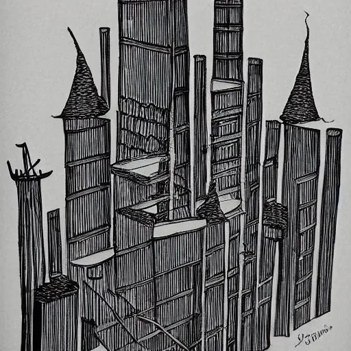 Image similar to ! dream buildings, drawing by dr seuss, with towers, bridges, stairs