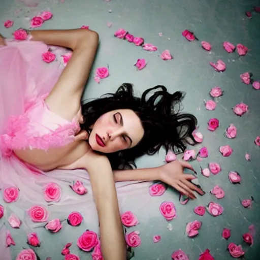 Image similar to fine art photo of the beauty gal gadot, she is on the floor and merging from pink roses, taken by oleg oprisco