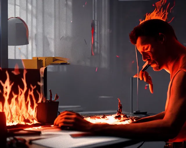 Image similar to a man works at a workstation in a very hot office with burning fires, local close up, featured in artstation, octane render, intricate, ultra detailed, fantasy, concept art, sharp focus, illustration, 8 k