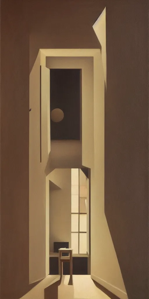 Prompt: room of impossible geometry, cinematic and highly detailed oil painting by josep tapiro baro and edward hopper, trending on artstation, oil painting masterpiece, symmetry, mysterious, very very very aesthetic