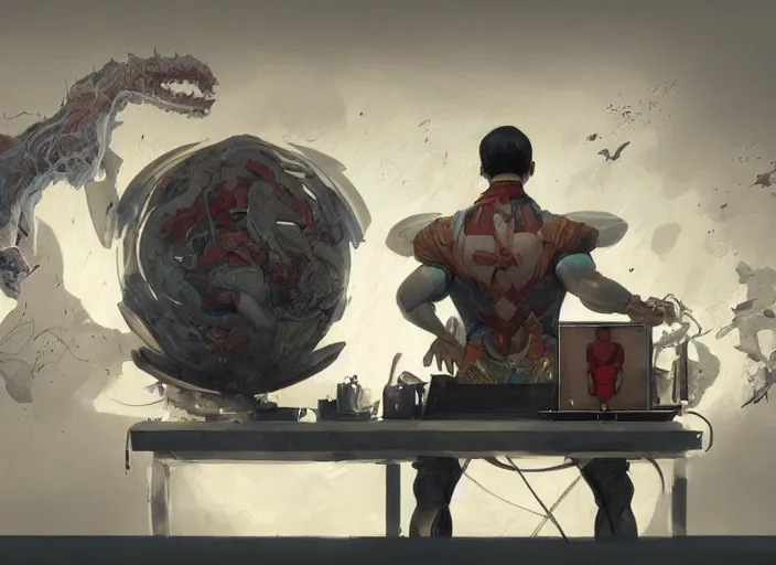 Image similar to an insanely detailed painting of an asian man wearing a homemade superhero costume, sitting at a desk, staring seriously at the computer and typing, in the style of peter mohrbacher, james jean, artgerm, dramatic lighting and composition, surreal background, octane render, pixar, trending on artstation, concept art, comic book, view from behind, 8 k