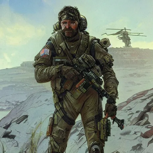 Prompt: Vernon. USN special forces recon operator in near future gear, cybernetic enhancement, on patrol in the Australian neutral zone, Barren landscape. 2087. Concept art by James Gurney and Alphonso Mucha