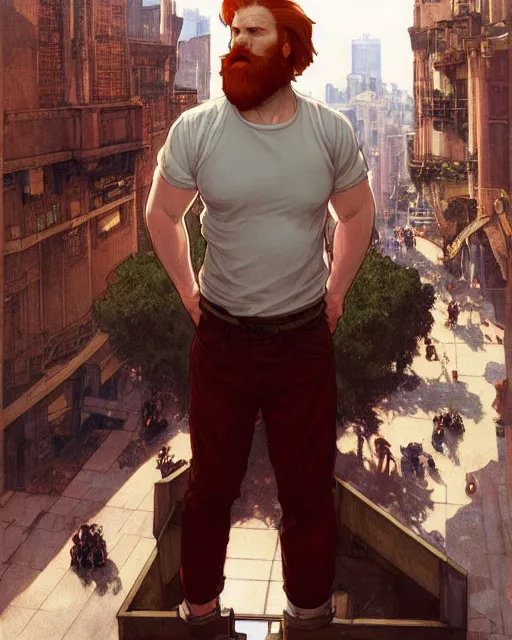 Image similar to wide angle of attractive red - headed bearded man wearing a white t - shirt levitating over the street below, arms spread wide, highly detailed, digital painting, artstation, concept art, smooth, sharp focus, illustration, art by artgerm, greg rutkowski, alphonse mucha, j. c. leyendecker