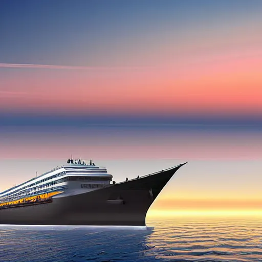 Prompt: Monumental ship passing through a calm sunset, digital art